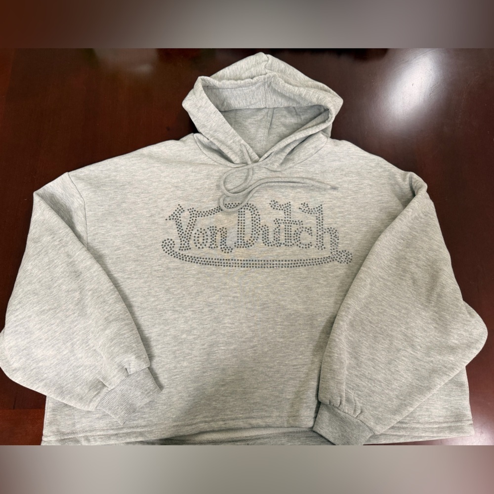 Von Dutch Light Gray Rhinestone Logo Hoodie